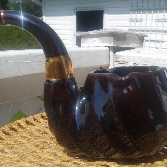 Vintage Brown Ceramic Pipe Shape Ashtray With Gold, Vintage Cigar Ashtray - Picture 4 of 6